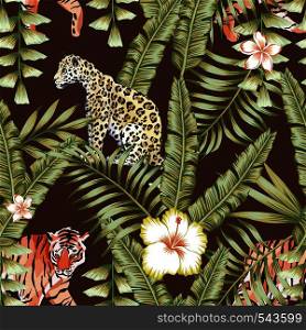 Composition of tropical leaf beautiful flower hibiscus, frangipani wild animals leopard and tiger. Seamless wallpaper pattern on a brown background