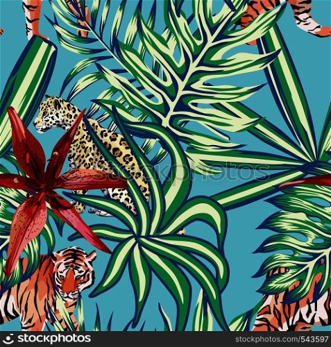 Composition of tropical leaf beautiful flower lily wild animals leopard and tiger. Seamless wallpaper pattern on a blue background