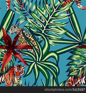 Composition of tropical leaf beautiful flower lily wild animals leopard and tiger. Seamless wallpaper pattern on a blue background