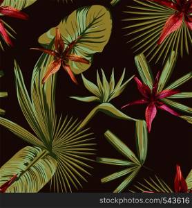 composition of tropical plants and flowers in a fashion brown style. Beautiful print background seamless wallpaper