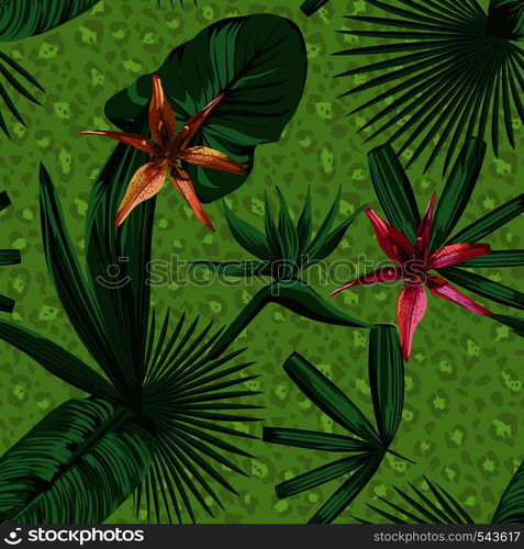 composition of tropical plants and flowers in a green style. Beautiful print panther fur background seamless wallpaper