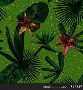 composition of tropical plants and flowers in a green style. Beautiful print panther fur background seamless wallpaper