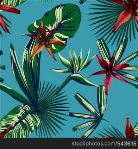 composition of tropical plants and flowers in a trendy blue style. Beautiful print background seamless wallpaper