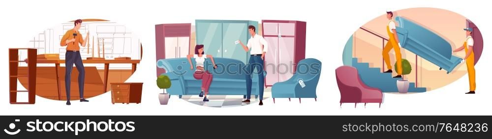 Composition set with carpenter furniture shop and two men delivering sofa flat isolated vector illustration
