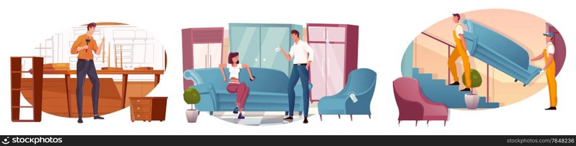 Composition set with carpenter furniture shop and two men delivering sofa flat isolated vector illustration