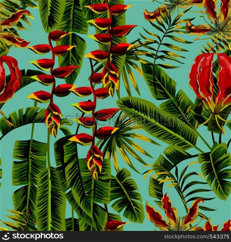 Composition tropic exotic plants and flowers. Palm banana leaf and Gloriosa floral vector jungle. Seamless wallpaper pattern on a blue background. Hand drawn painting fashion branch