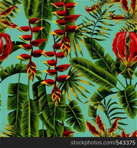 Composition tropic exotic plants and flowers. Palm banana leaf and Gloriosa floral vector jungle. Seamless wallpaper pattern on a blue background. Hand drawn painting fashion branch
