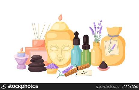 Composition with aromatherapy accessories with essential oils. Candle Buddha, essential oil, diffusor, salt, palo santo, stones and lavender. Vector illustration on white background.. Composition with aromatherapy accessories with essential oils. Candle Buddha, essential oil, diffusor, salt, palo santo, stones and lavender