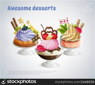 Composition with awesome desserts in glass bowls decorated nuts berries and candies on grey background vector illustration. Awesome Desserts Composition