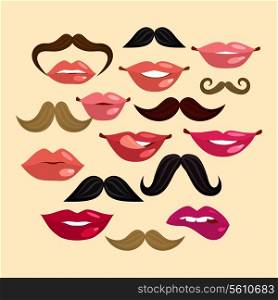 Composition with lips mustache smile female in hipster vintage style vector illustration