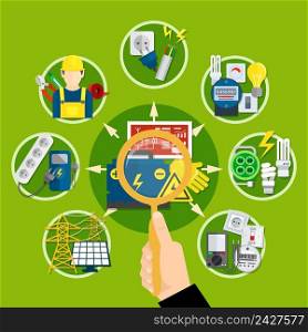 Composition with magnifier in hand, electrical appliances and technologies including solar battery on green background vector illustration  . Electrical Appliances And Technologies Composition