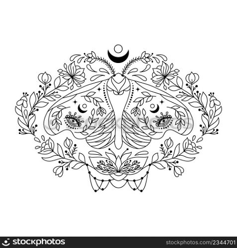 Composition with moth and flowers on white background. Coloring page for children and adult.
