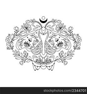 Composition with moth and flowers on white background. Coloring page for children and adult.