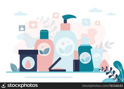 Composition with organic cosmetics. Various bottles, tubes and jars for skincare. Set of female cosmetics: gels,lotions and creams for body care. Concept of natural products. Flat vector illustration. Composition with organic cosmetics. Various bottles, tubes and jars for skincare. Set of female cosmetics: gels,lotions and creams for body care