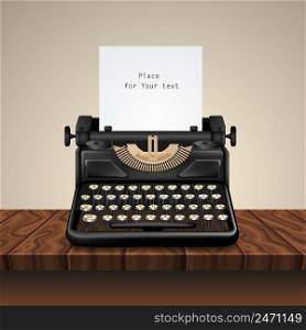 Composition with realistic image of a vintage typewriter on dark wood table with vignette grey wall background vector illustration. Black Vintage Typewriter On Wooden Table