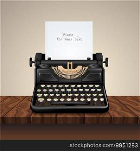 Composition with realistic image of a vintage typewriter on dark wood table with vignette grey wall background