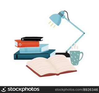 Composition with stack books table lamp vector image