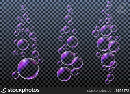 Compositions of soap bubbles, set of design elements isolated on transparent background. Vector illustration, realistic bubbles