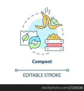 Compost concept icon. Organic trash. Recycled garbage. Minimize waste abstract idea thin line illustration. Isolated outline drawing. Editable stroke. Roboto-Medium, Myriad Pro-Bold fonts used. Compost concept icon