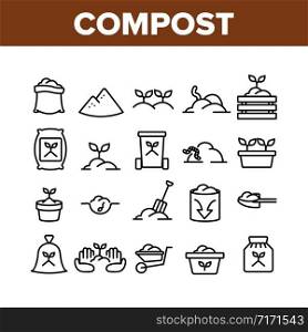 Compost Ground Soil Collection Icons Set Vector. Agricultural Organic Compost In Bag And Cart, Growing Plant In Pot And Worm Concept Linear Pictograms. Monochrome Contour Illustrations. Compost Ground Soil Collection Icons Set Vector