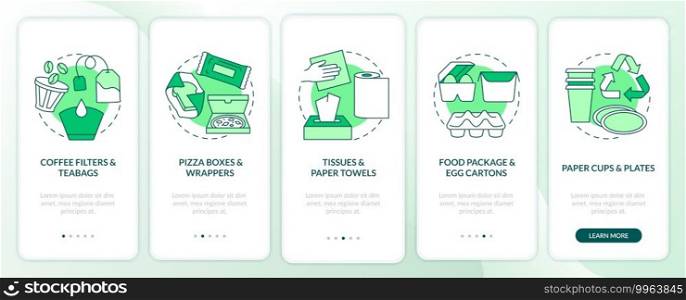 Compostable packaging onboarding mobile app page screen with concepts. Coffee filters, towels, pizza boxes walkthrough 5 steps graphic instructions. UI vector template with RGB color illustrations. Compostable packaging onboarding mobile app page screen with concepts