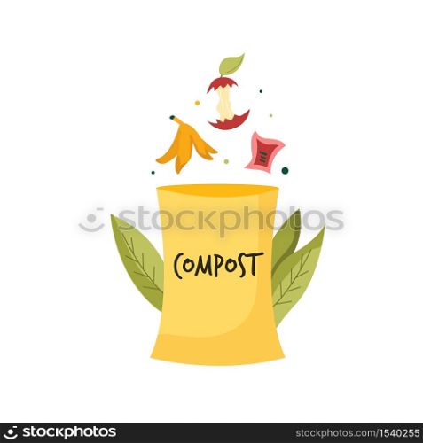 Composting bin with food leftovers, waste. Zero waste concept. Bright vector illustration. Composting bin with food leftovers. Zero waste concept