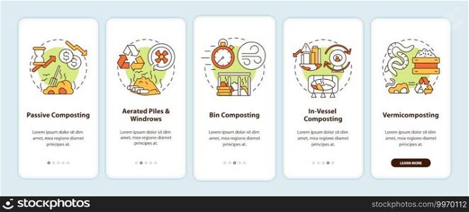 Composting methods onboarding mobile app page screen with concepts. Passive, aerated piles and windrows walkthrough 5 steps graphic instructions. UI vector template with RGB color illustrations. Composting methods onboarding mobile app page screen with concepts