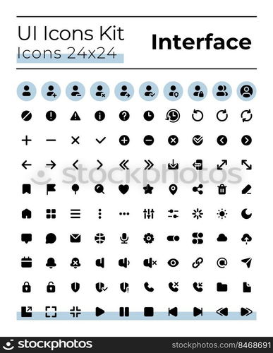 Comprehensible and simple looking black glyph ui icons set. Silhouette symbols on white space. Solid pictograms for web, mobile. Isolated vector illustrations. Montserrat Bold, Light fonts used. Comprehensible and simple looking black glyph ui icons set