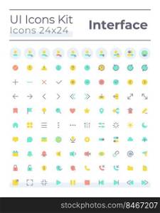 Comprehensible and simple looking flat color ui icons set. System settings. Music player. Contacts. GUI, UX design for mobile app. Vector isolated RGB pictograms. Montserrat Bold, Light fonts used. Comprehensible and simple looking flat color ui icons set