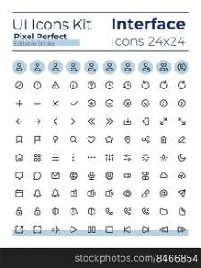 Comprehensible and simple looking pixel perfect linear ui icons set. System settings. Music player. Outline isolated user interface elements. Editable stroke. Montserrat Bold, Light fonts used. Comprehensible and simple looking pixel perfect linear ui icons set