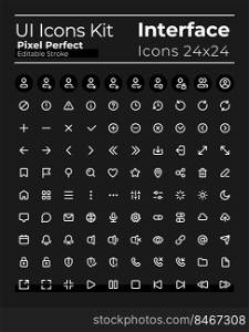 Comprehensible pixel perfect white linear ui icons set for dark theme. Isolated user interface symbols for night mode. Vector line pictograms. Editable stroke. Montserrat Bold, Light fonts used. Comprehensible pixel perfect white linear ui icons set for dark theme