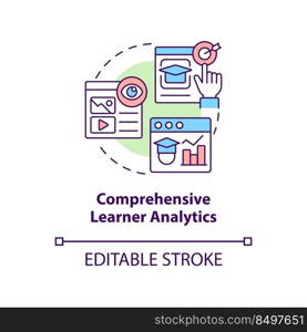 Comprehensive learner analytics concept icon. Learning content management system abstract idea thin line illustration. Isolated outline drawing. Editable stroke. Arial, Myriad Pro-Bold fonts used. Comprehensive learner analytics concept icon