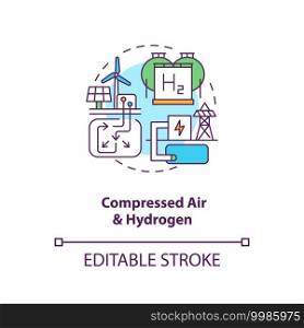 Compressed air and hydrogen concept icon. Generation storage technology idea thin line illustration. Improve efficiencies of gas turbines. Vector isolated outline RGB color drawing. Editable stroke. Compressed air and hydrogen concept icon