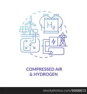 Compressed air and hydrogen energy storage system concept icon. Renewable resources of wind and solar energies idea thin line illustration. Vector isolated outline RGB color drawing. Compressed air and hydrogen energy storage system concept icon