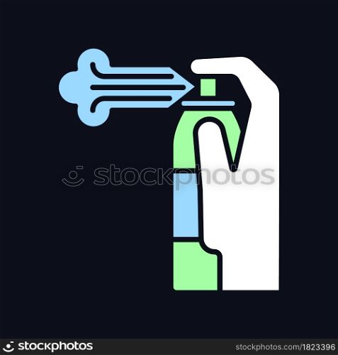Compressed air cleaner RGB color manual label icon for dark theme. Isolated vector illustration on night mode background. Simple filled line drawing on black for product use instructions. Compressed air cleaner RGB color manual label icon for dark theme
