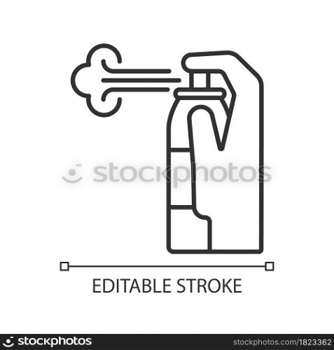 Compressed air for cleaning linear manual label icon. Blow out dirt. Thin line customizable illustration. Contour symbol. Vector isolated outline drawing for product use instructions. Editable stroke. Compressed air for cleaning linear manual label icon