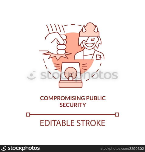 Compromising public security terracotta concept icon. Public safety violations abstract idea thin line illustration. Isolated outline drawing. Editable stroke. Arial, Myriad Pro-Bold fonts used. Compromising public security terracotta concept icon