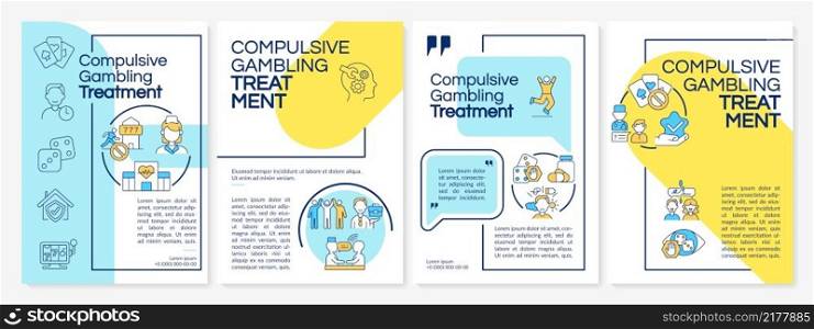 Compulsive gambling therapy blue and yellow brochure template. Booklet print design with linear icons. Vector layouts for presentation, annual reports, ads. Questrial-Regular, Lato-Regular fonts used. Compulsive gambling therapy blue and yellow brochure template