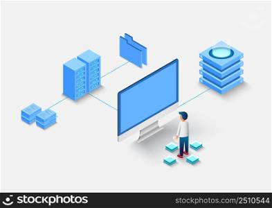 Computation of big data center, information processing, database. internet traffic routing, server room rack isometric vector technology.