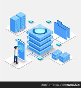 Computation of big data center, information processing, database. internet traffic routing, server room rack isometric vector technology