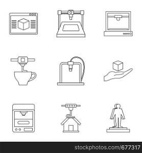 Computer 3d printer icon set. Outline set of 9 computer 3d printer vector icons for web isolated on white background. Computer 3d printer icon set, outline style