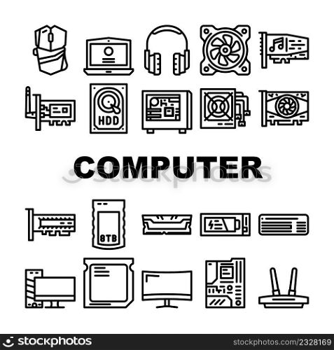 Computer Accessories And Parts Icons Set Vector. Computer Mouse And Keyboard, Video And Audio Card, Hdd And Ssd Electronic Disk, Ram And Cpu Motherboard Component Black Contour Illustrations. Computer Accessories And Parts Icons Set Vector