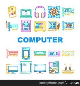 Computer Accessories And Parts Icons Set Vector. Computer Mouse And Keyboard, Video And Audio Card, Hdd And Ssd Electronic Disk, Ram And Cpu Motherboard Component Color Illustrations. Computer Accessories And Parts Icons Set Vector