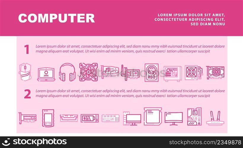 Computer Accessories And Parts Landing Web Page Header Banner Template Vector. Computer Mouse And Keyboard, Video And Audio Card, Hdd And Ssd Electronic Disk, Ram And Cpu Motherboard Illustration. Computer Accessories And Parts Landing Header Vector