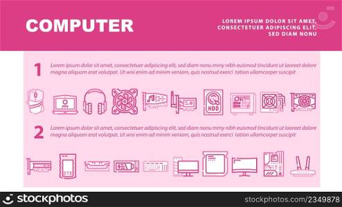 Computer Accessories And Parts Landing Web Page Header Banner Template Vector. Computer Mouse And Keyboard, Video And Audio Card, Hdd And Ssd Electronic Disk, Ram And Cpu Motherboard Illustration. Computer Accessories And Parts Landing Header Vector