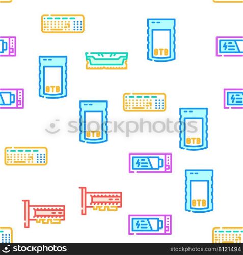 Computer Accessories And Parts Vector Seamless Pattern Color Line Illustration. Computer Accessories And Parts Icons Set Vector