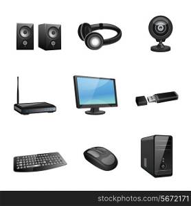 Computer accessories and peripheral black icons set isolated vector illustration