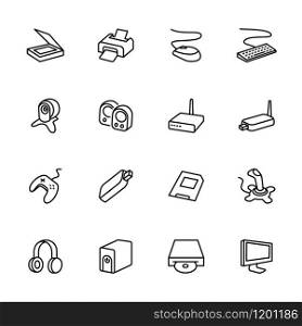 Computer accessories line icon set. Contain scanner, printer, mouse, keyboard, web cam, speaker, router, modem, game pad, flash disk, adapter, joy stick, headphone, ups and also monitor.