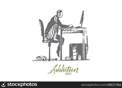 Computer, addiction, gaming, programmer concept. Hand drawn man addicted to computer games concept sketch. Isolated vector illustration.. Computer, addiction, gaming, programmer concept. Hand drawn isolated vector.
