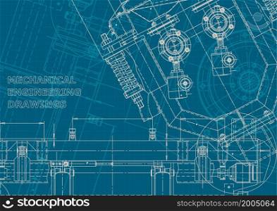 Computer aided design systems. Technical illustrations, backgrounds. Mechanical engineering drawing. Corporate style. Blueprint, diagram plan sketch. Blueprint. Corporate style. Mechanical instrument making. Technical